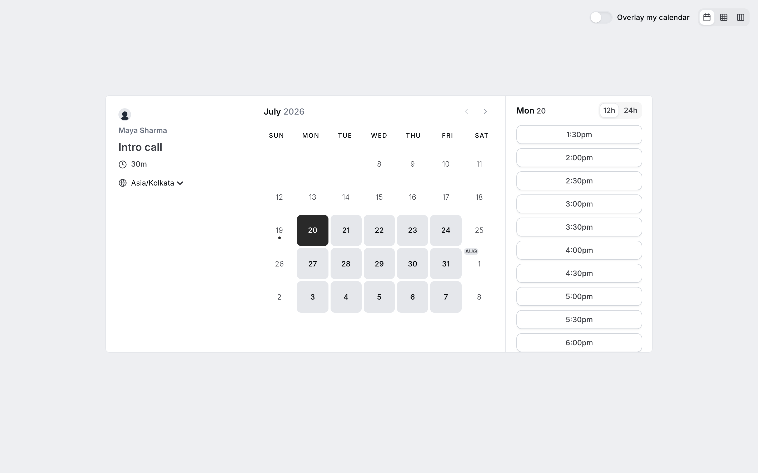 A BookYourSlot public booking page showing a calendar of available times